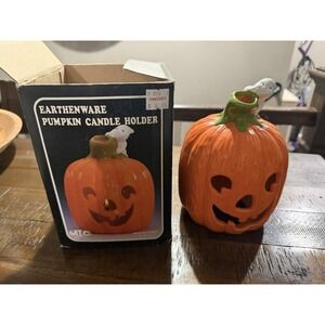 Vtg Halloween Earthenware Pumpkin Jack o' Lantern Candle Tea Light Holder W/ Box